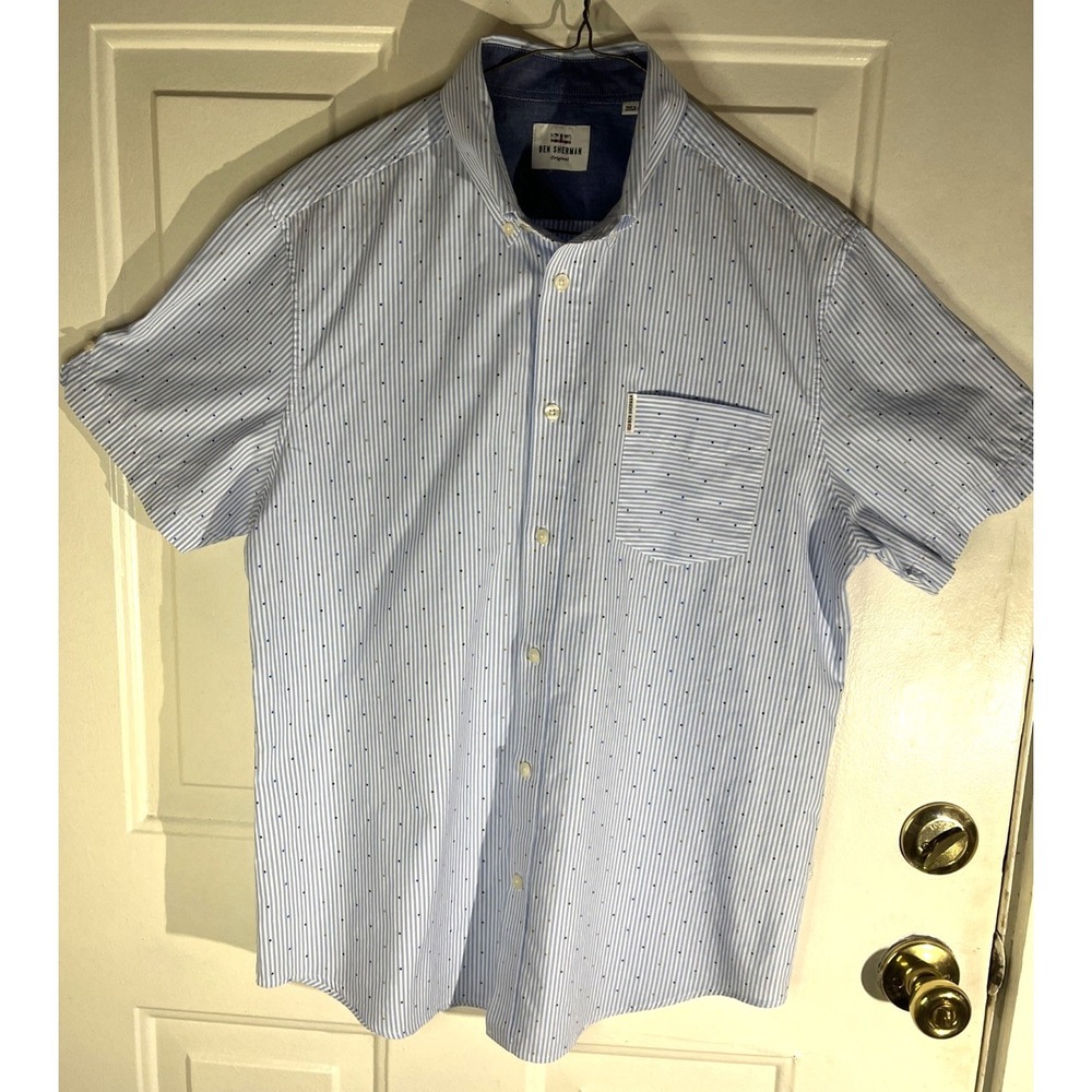 Ben Sherman Blue White Stripe Multicolor Microdot Short Sleeve Shirt L